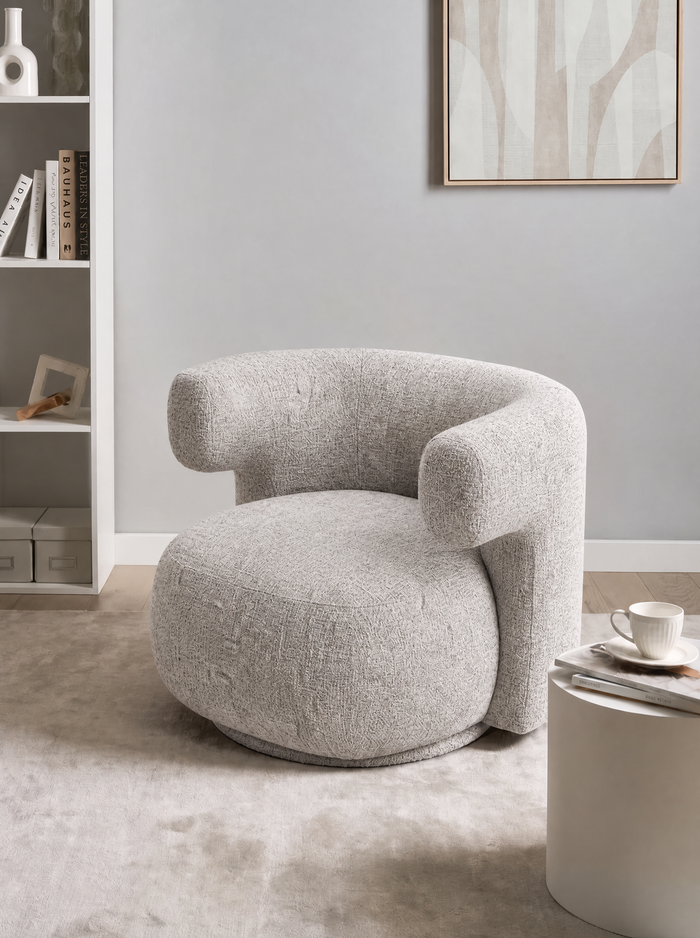 Fauteuil pivotant en tissu tweed et bois