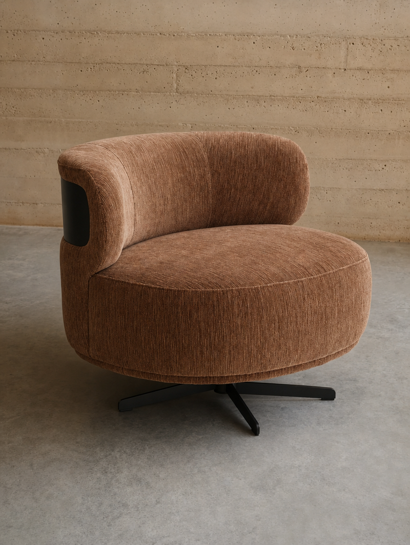 Fauteuil pivotant en tissu mocha mousse et métal