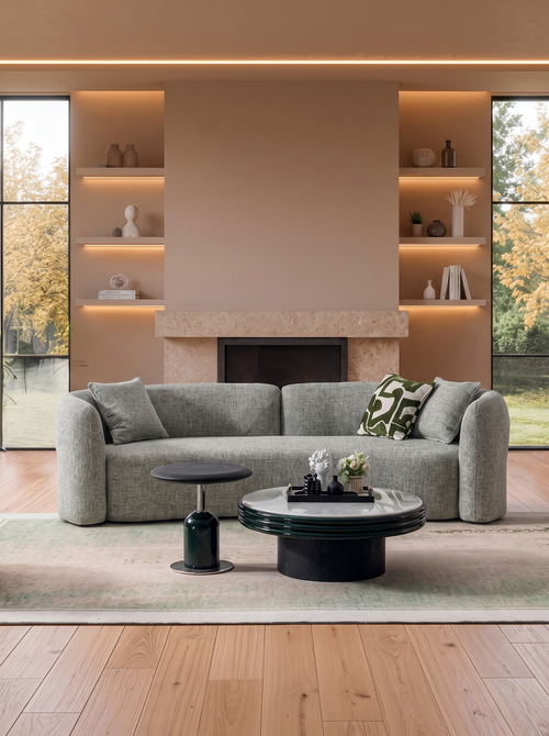 Tyna 3-seater sofa in sage green chenille fabric, rounded armrests