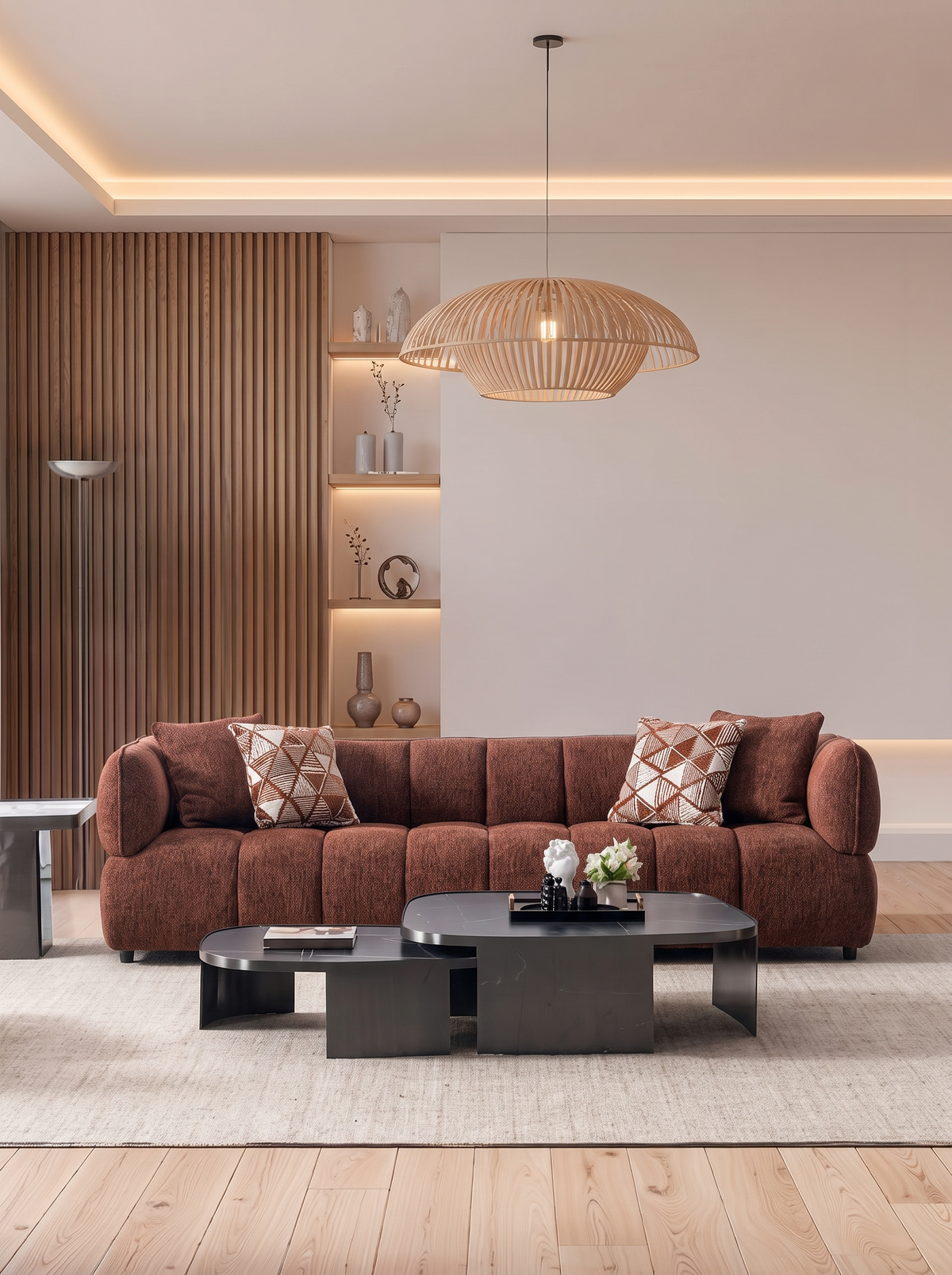 Canapé Nilto en tissu chenille terracotta, structure segmentée