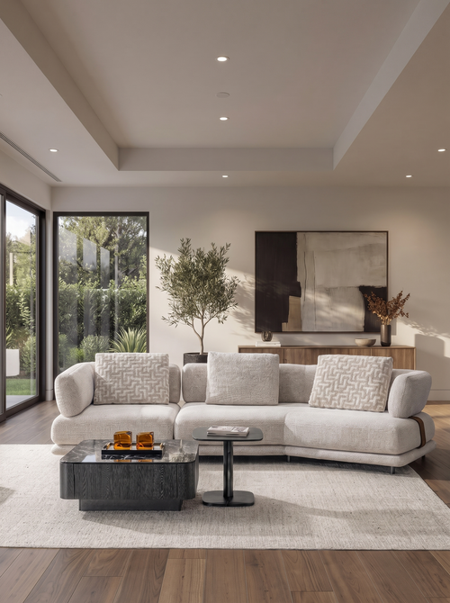 Alvin modular sofa in light beige bouclé fabric, configuration with chaise longue