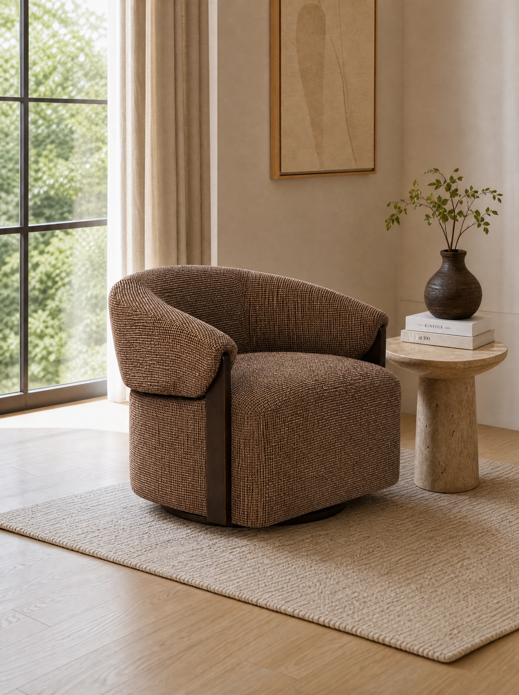 Fauteuil pivotant en tissu brown blockweave et bois