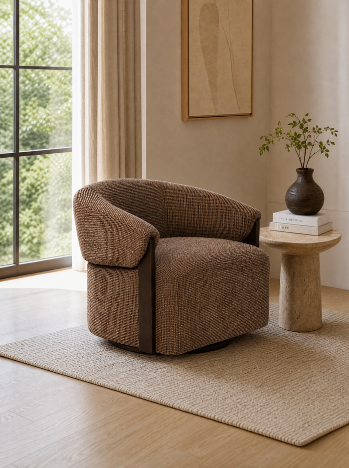 Fauteuil pivotant en tissu brown blockweave et bois