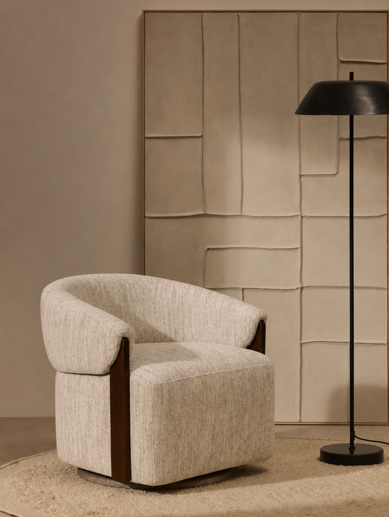 Swivel Armchair in Natural Softweave Fabric and Wood