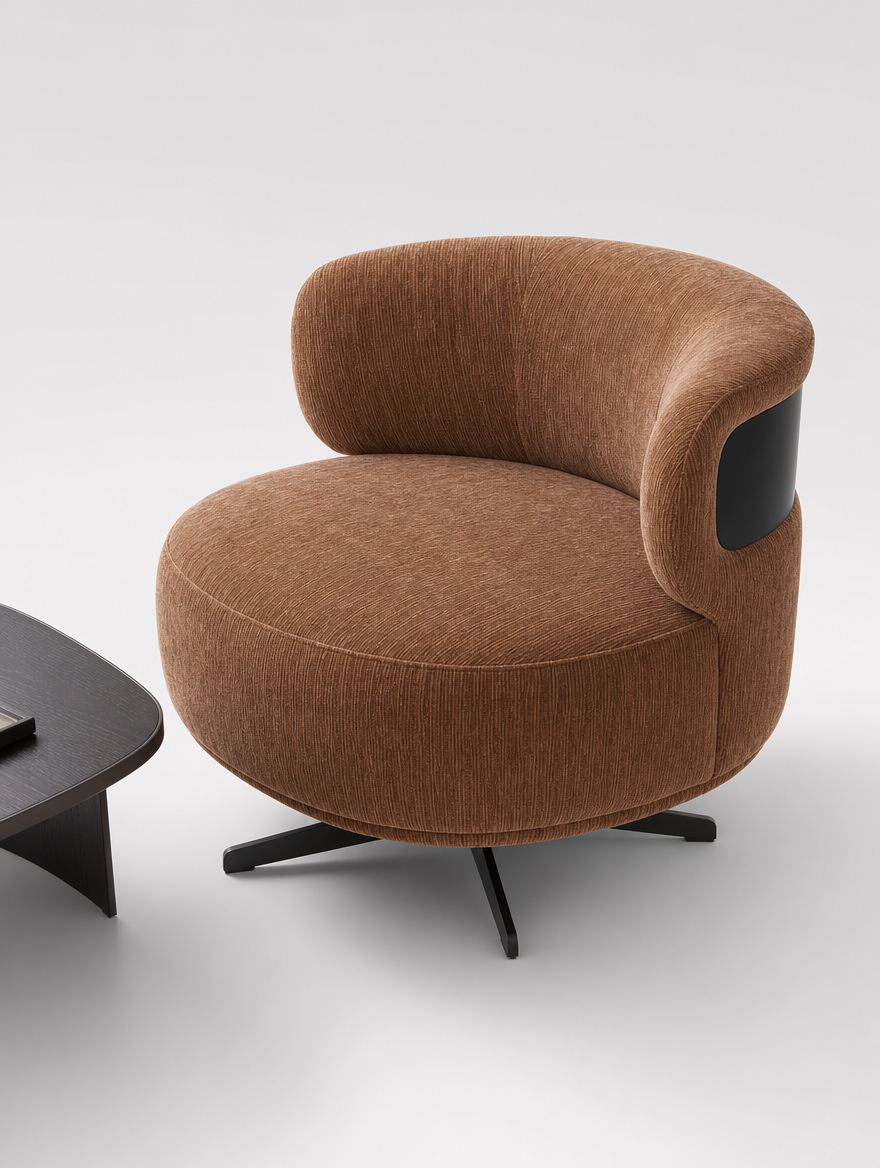 Fauteuil pivotant en tissu mocha mousse et métal