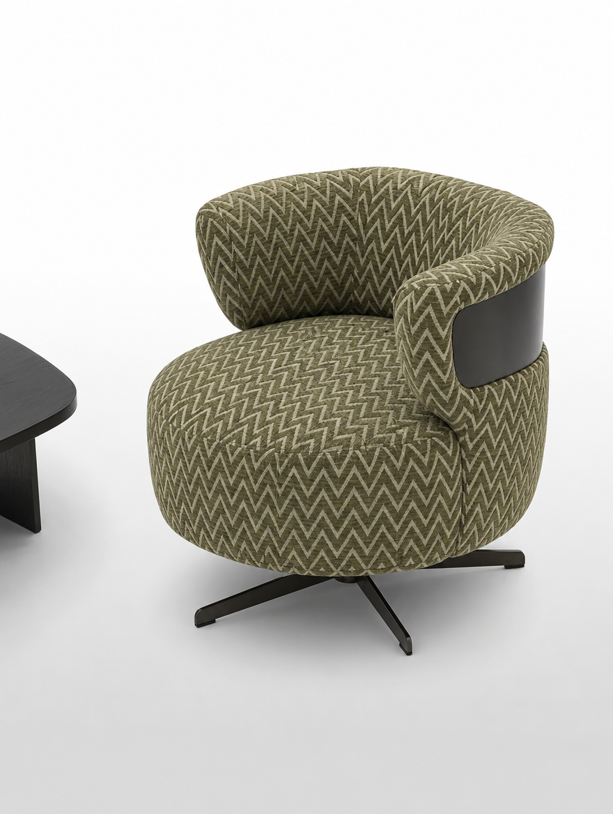 Fauteuil pivotant en tissu moss chevron et métal