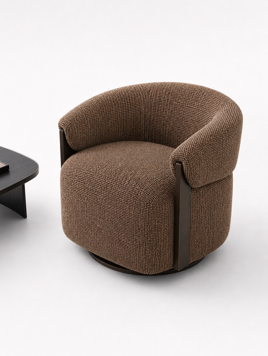 Fauteuil pivotant en tissu brown blockweave et bois