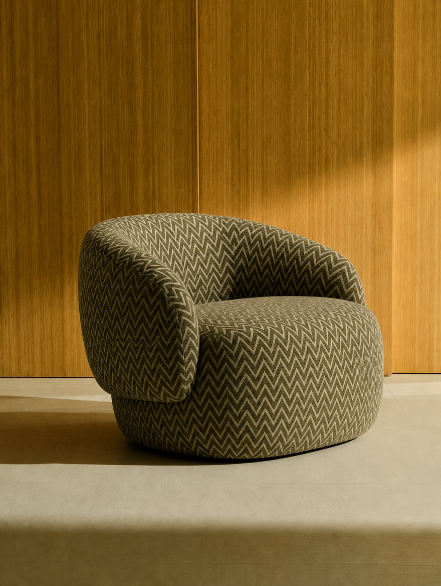 Fauteuil pivotant en tissu moss chevron et bois