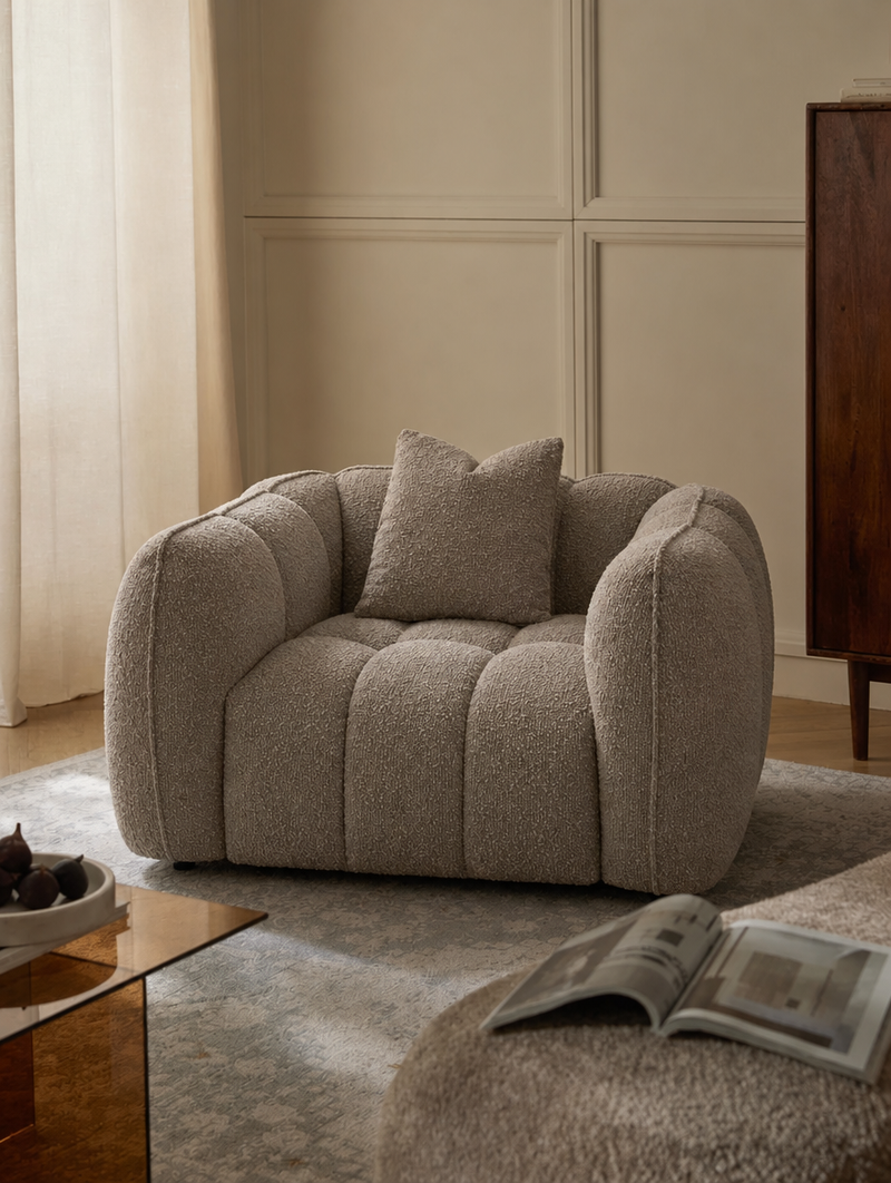 Armchair in Mocca Chunky Fabric and Wood