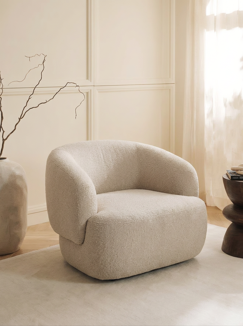 Armchair in Sand Tweed Fabric and Wood