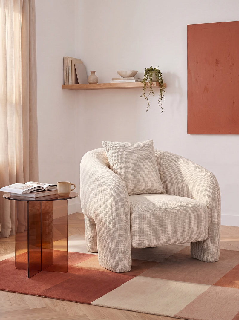 Armchair in Beige Blockweave Fabric and Wood