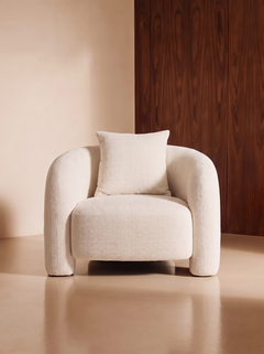 Fauteuil en tissu beige blockweave et bois