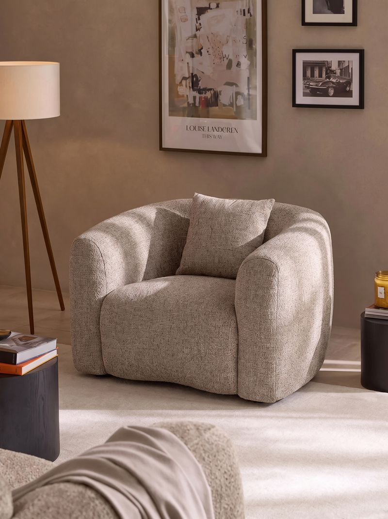 Armchair in Sand Tweed Fabric and Wood
