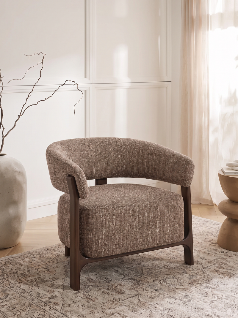 Armchair in Brown Tweed Fabric and Wood