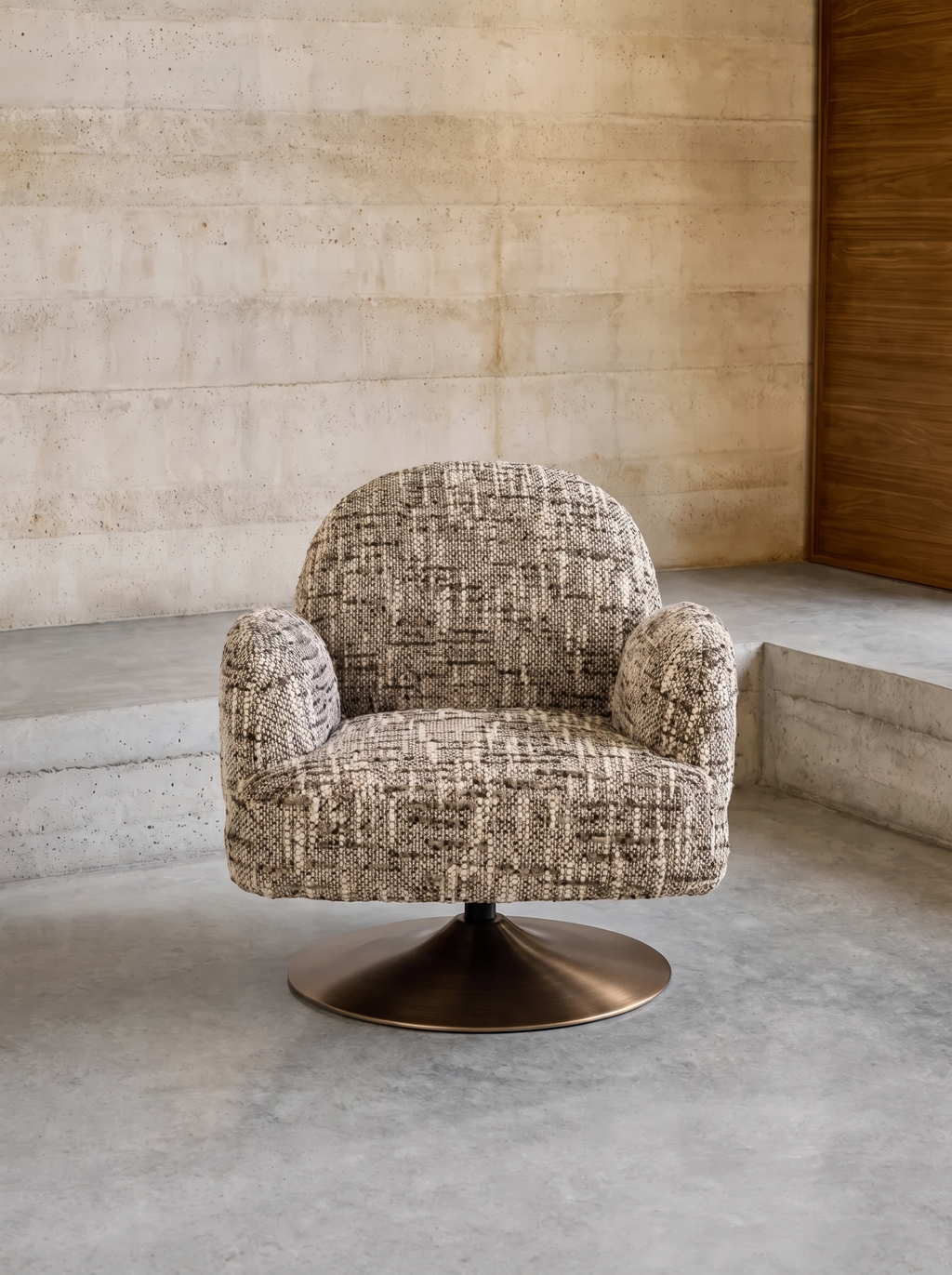 Swivel Armchair in Brown Omara Fabric and Wood