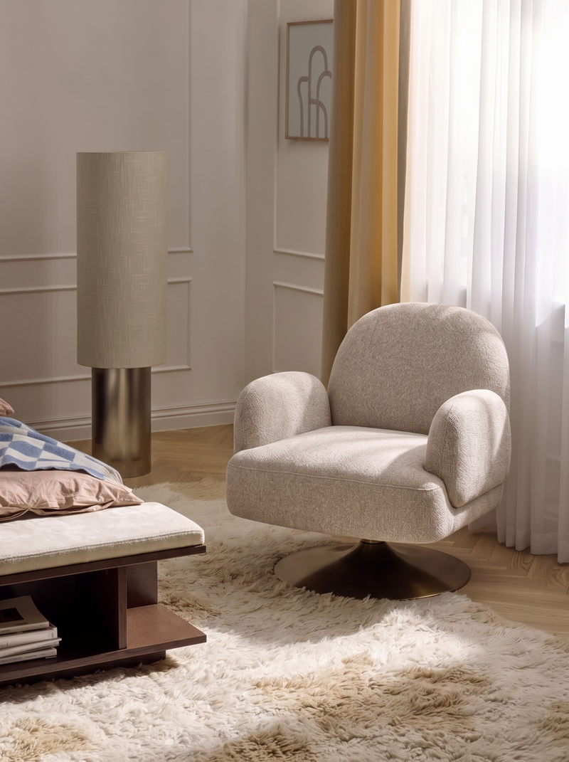 Swivel Armchair in Biscotti Fabric and Wood
