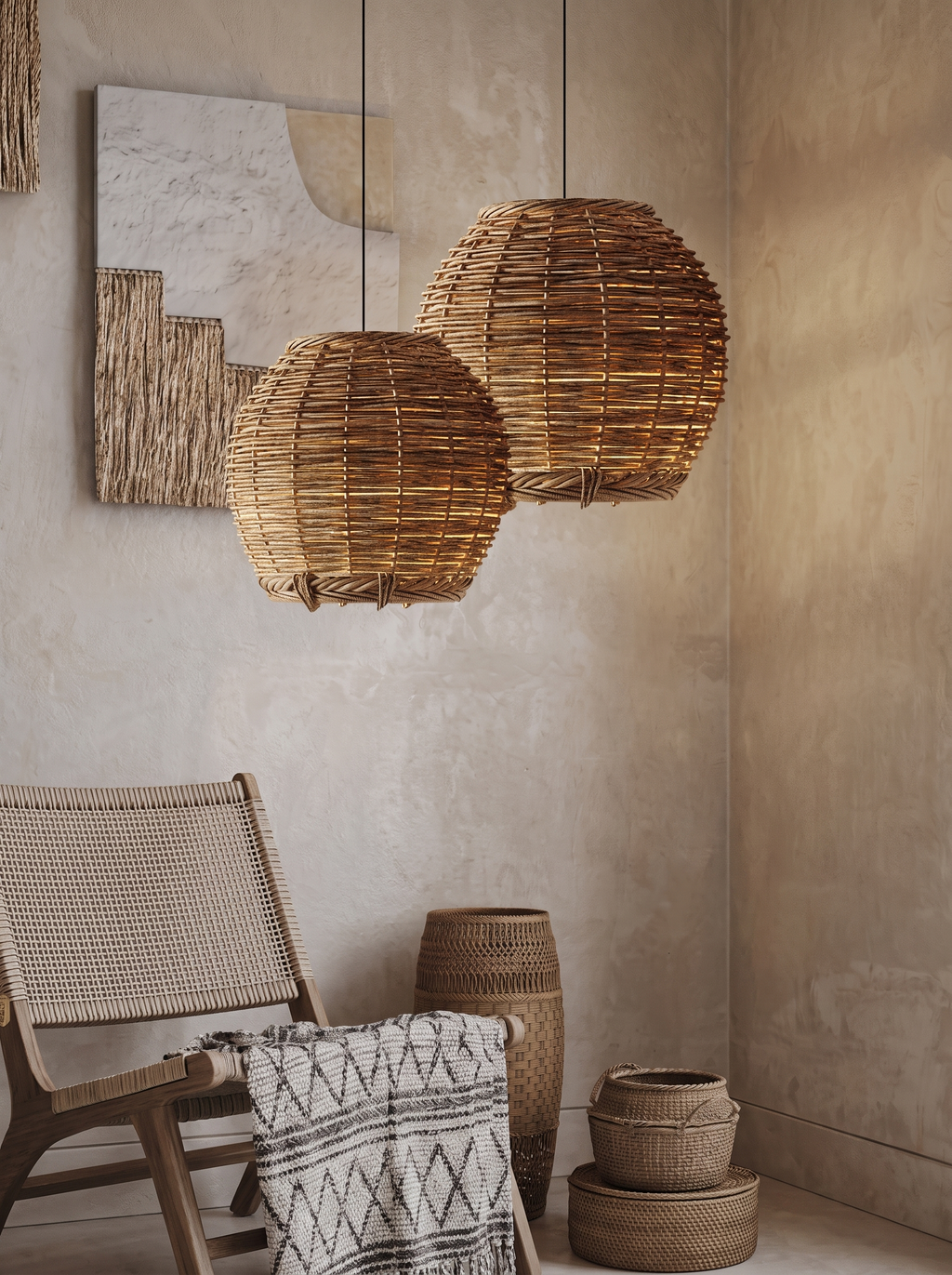 Suspension vintage rustique en rotin