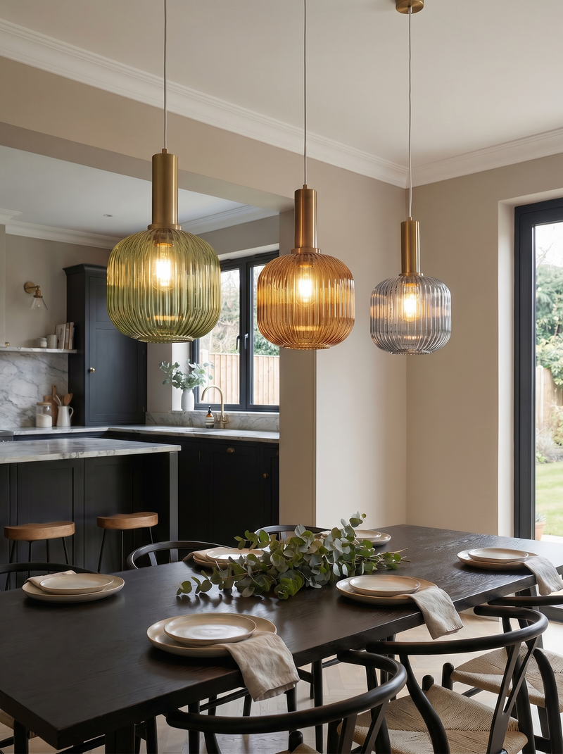 Trio of Ribbed Glass Pendant Lights